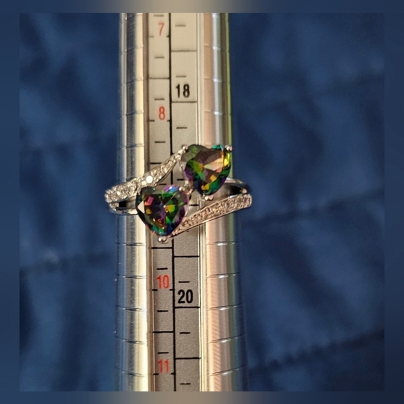 Vintage Faux Mystic Topaz Hearts &Cubic Zirconia Sterling Silver Plated Ring Sz9 - Picture 2 of 3